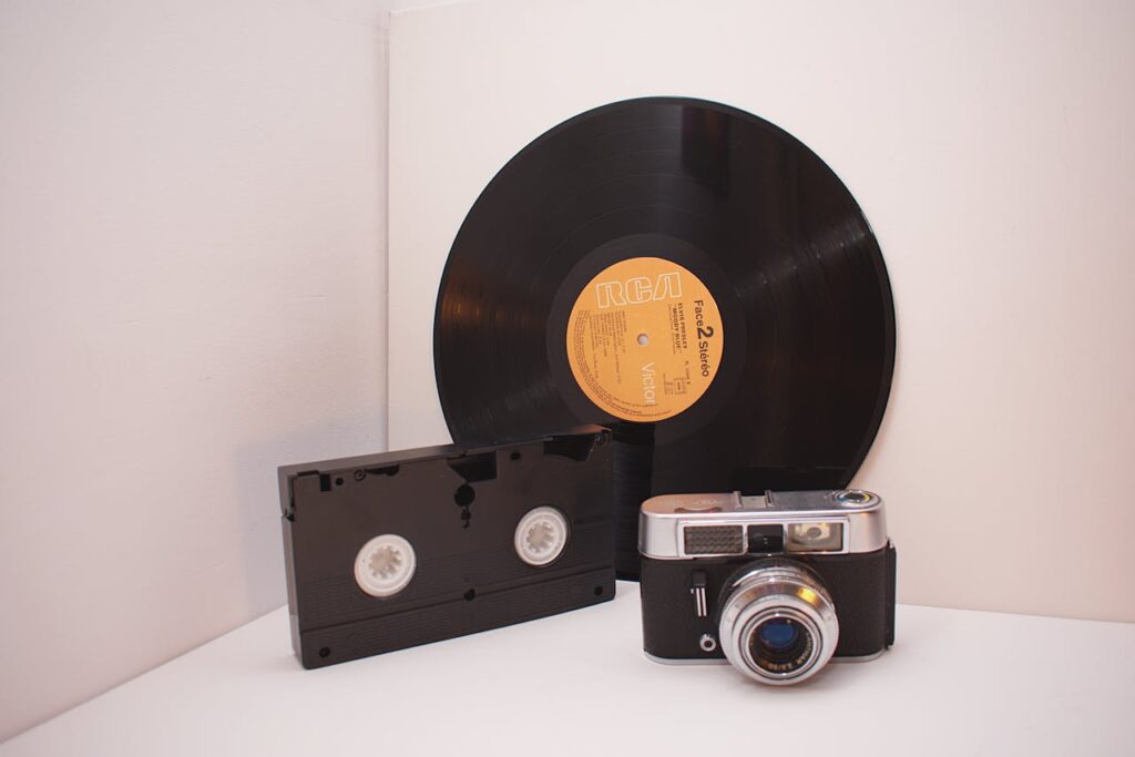 Retro technology enthusiasts will love this classic mix of vinyl record, analog camera, and VHS tape.